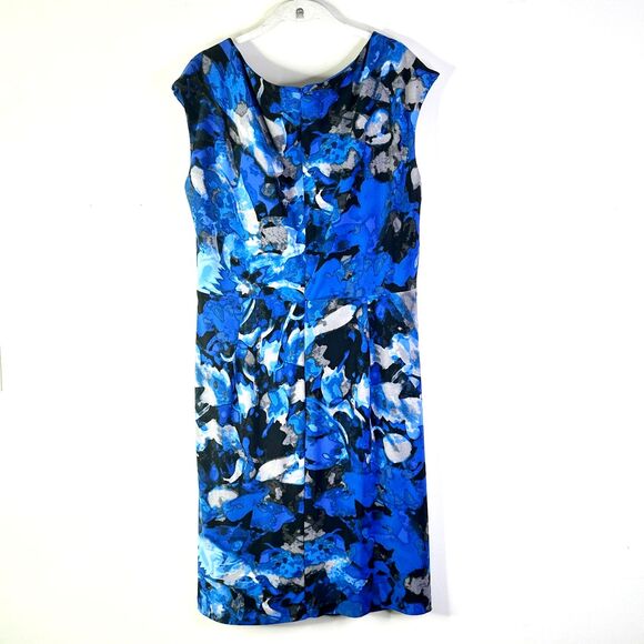 Jones New York Dress Women 14 Blue Floral Rosette Ruched Cap Slv Ruffle Elegant - Picture 4 of 10